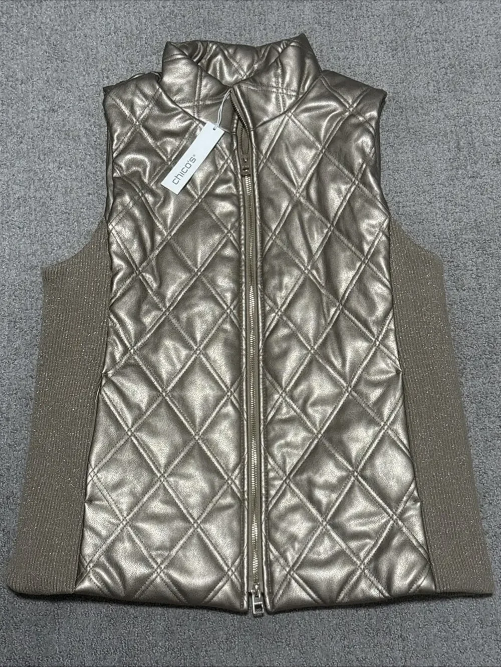 Chico's gold metallic diamond-quilted puffer vest Sparkly Side Panels Medium NWT